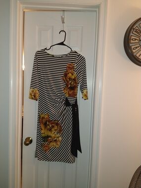 Shelby & Palmer Black and White Striped Midi Dress with Yellow Floral Print